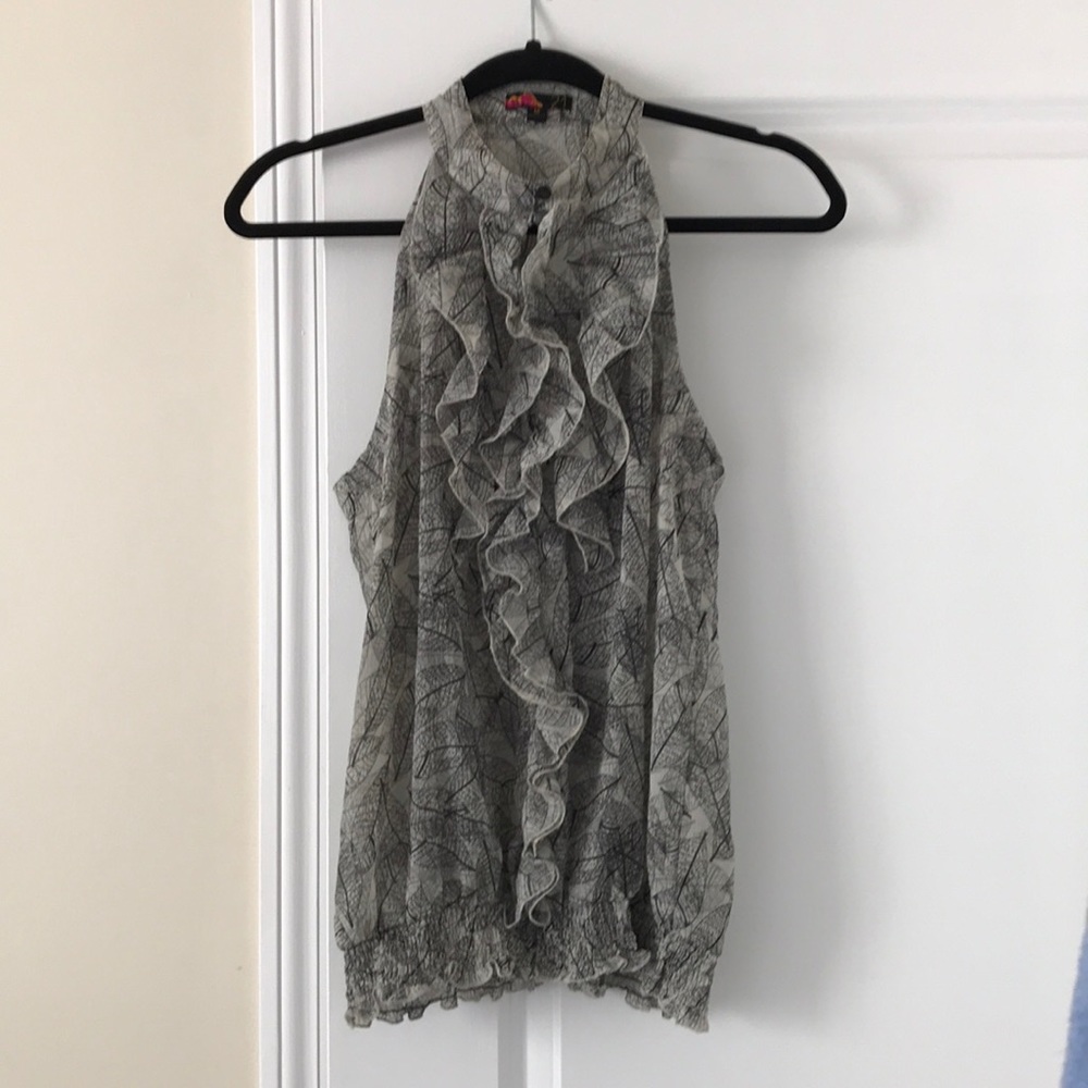 High-neck, black, grey and white pattern blouse